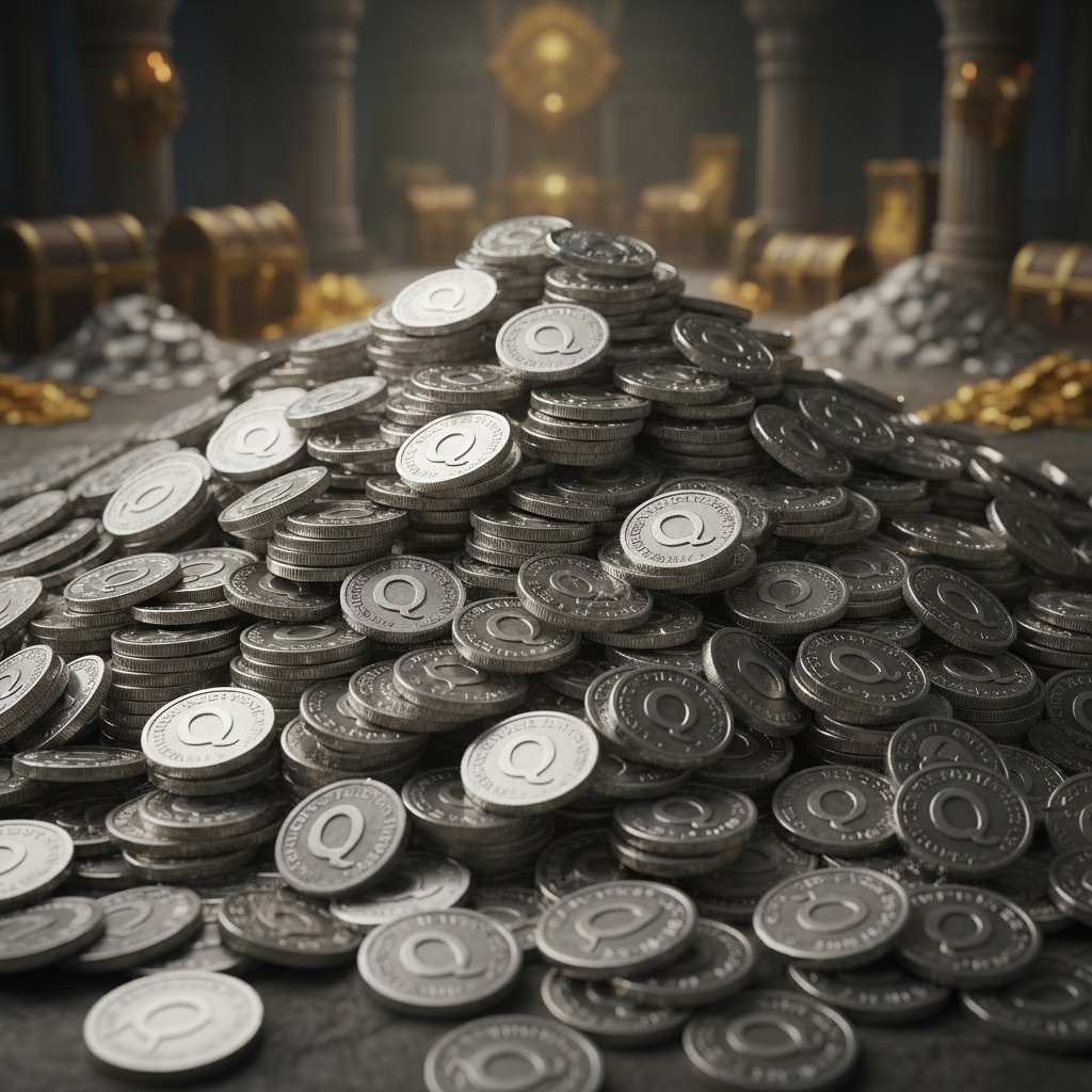 A large pile of silver coins, each stamped with the letter Q, sits in a dimly lit treasury with open chests in the background.
